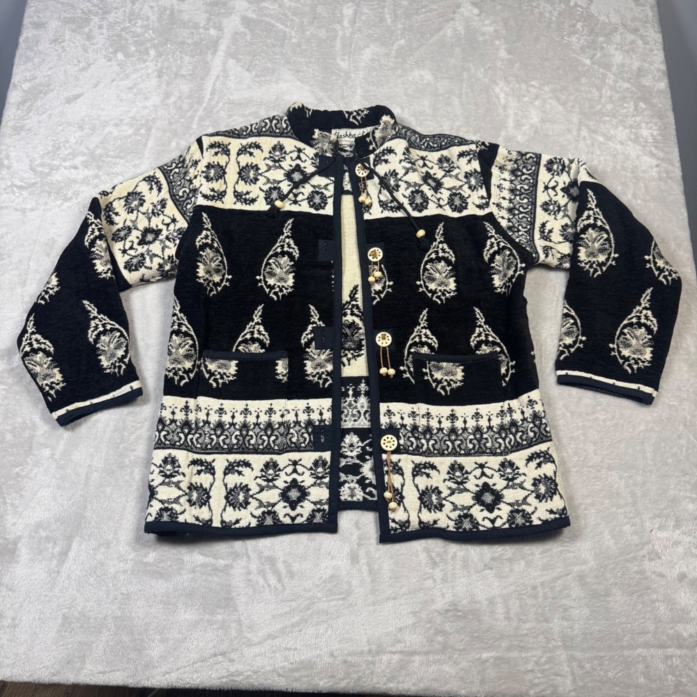 Flashback Vintage Tapestry‎ Jacket Women's L Floral Button Up Cotton Rayon Black